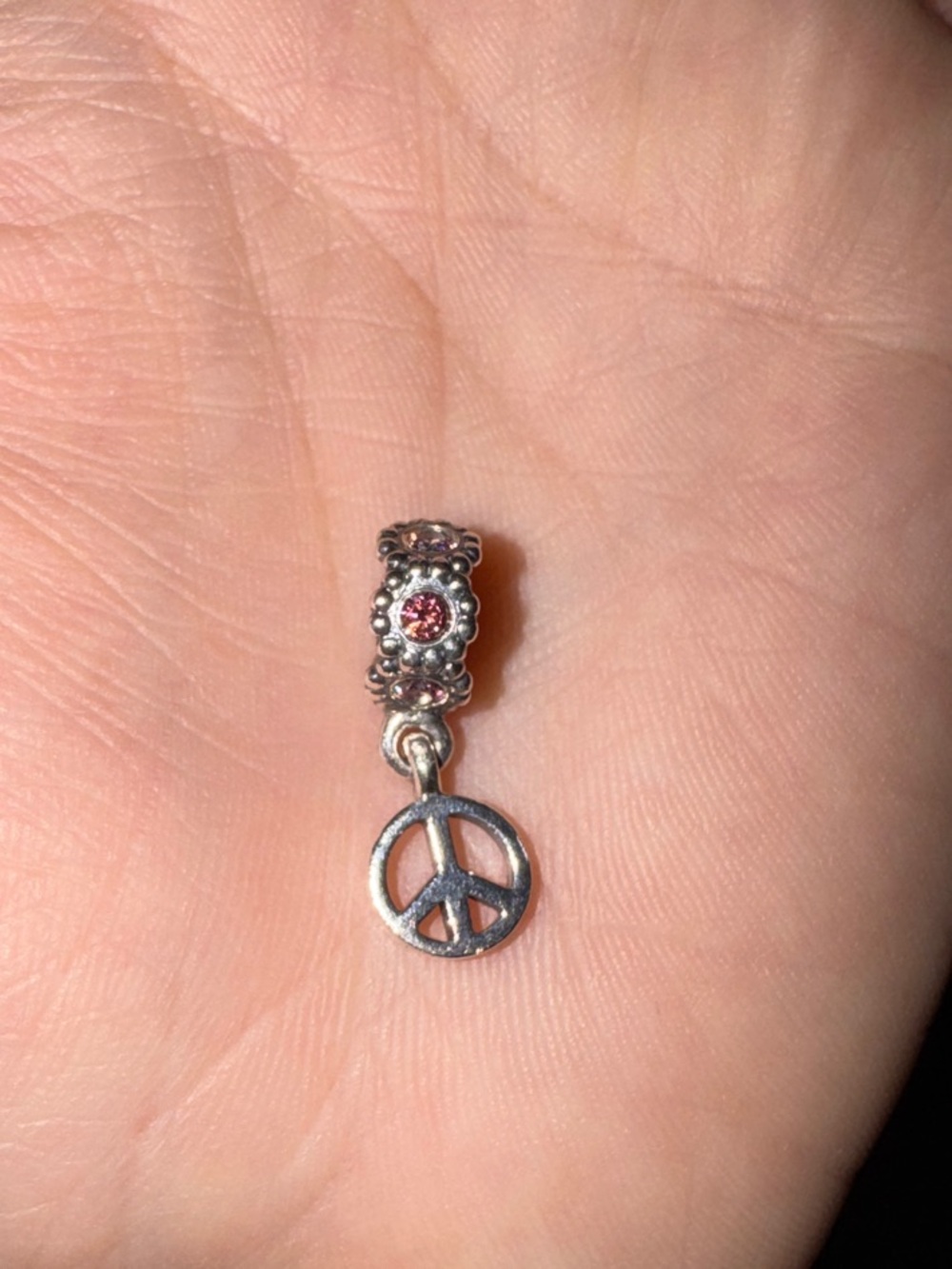 Pandora Silver Peace Sign Dangle Charm with Pink Accent